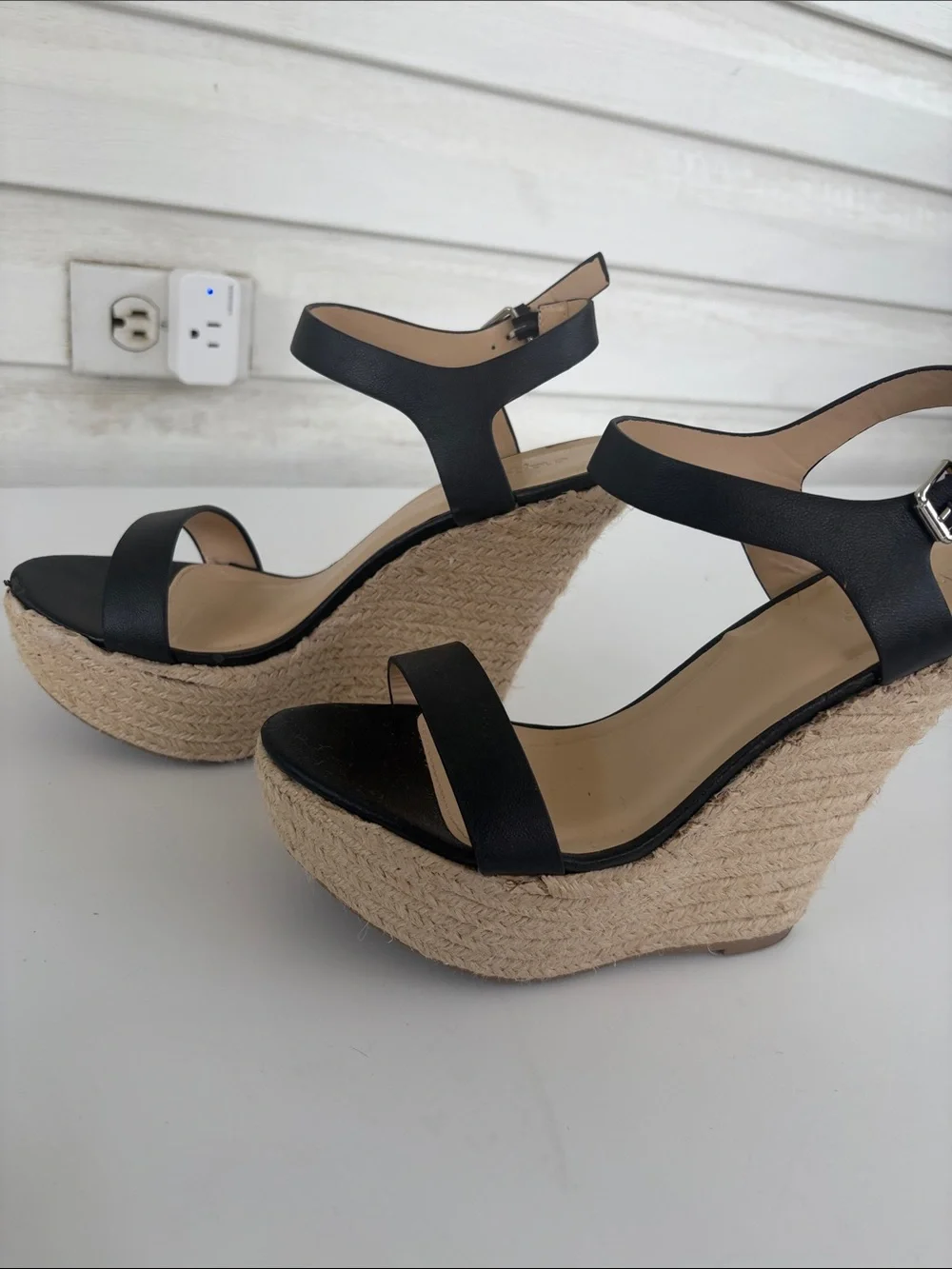 Charlotte Russe Black Espadrille Wedge Sandals Size 8 Ankle Strap Platform
